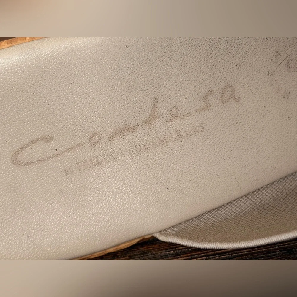 Contesa sandals, a beige fabric & golden wedges made in Italy Sz10